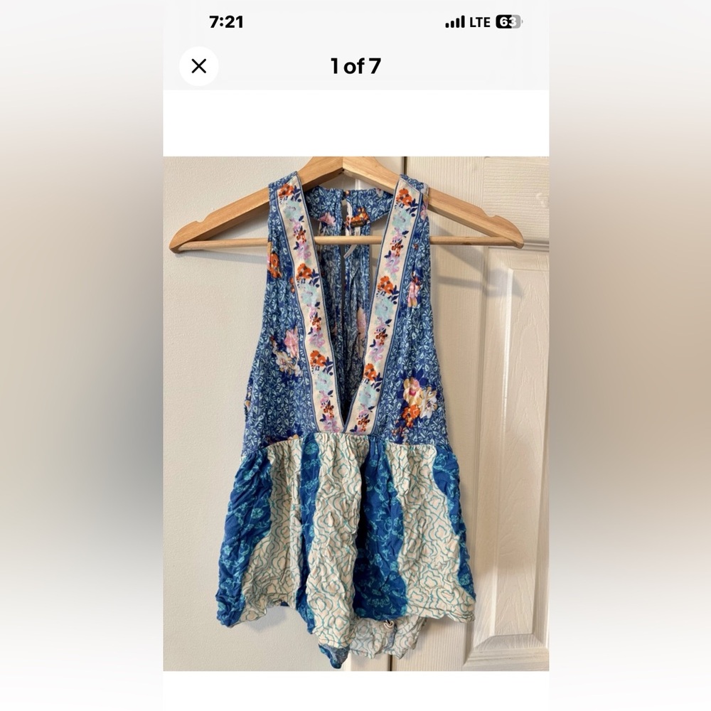 Free People Floral Patchwork Halter Top - Blue and Cream